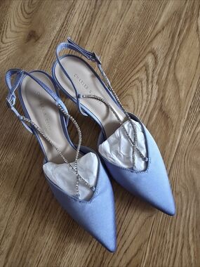 Charles & Keith Blue Satin Pointed Slingback Pumps with Crystal Straps
